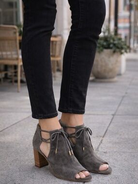 Vaneli Grey Suede Open Toe Booties Lace Up Block Heel Cutout Ankle Heels Neutral